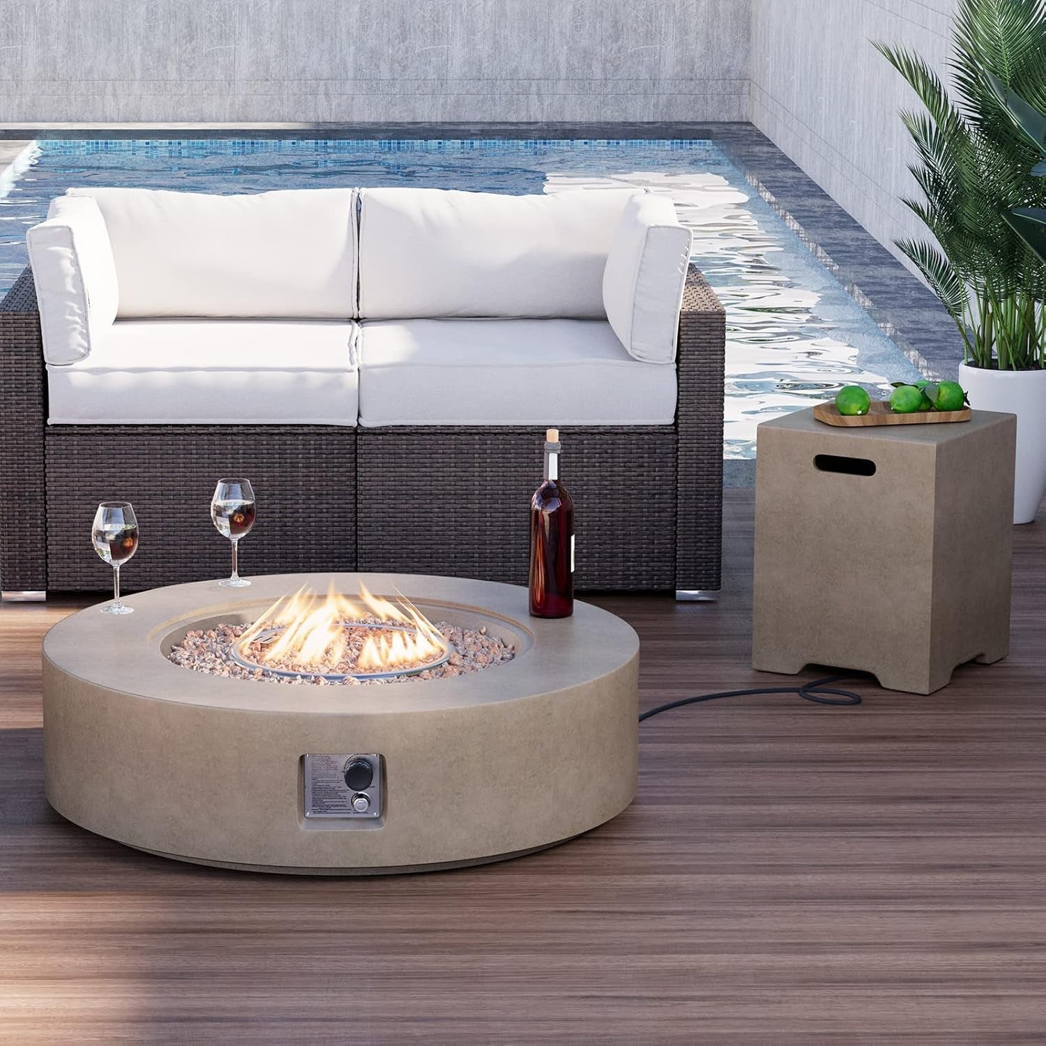 Outdoor round Propane Fire Pit Table, 41''X12'' Fire Table W 20Lb Tank Cover Table, 50000 BTU Fire Pit W Free Waterproof Cover & Fire Stone for Patio, Garden, Grey