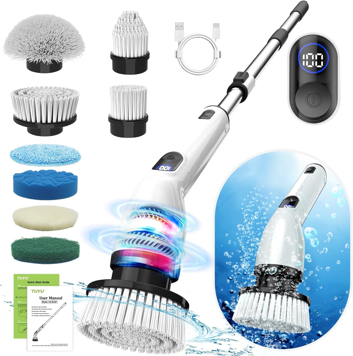 Electric Spin Scrubber, New Full-Body IPX7 Waterproof Bathroom Scrubber with Power LCD Display, Adjustable Extension Handle, Cordless Electric Cleaning Brush for Bathroom, Kitchen Cleaning