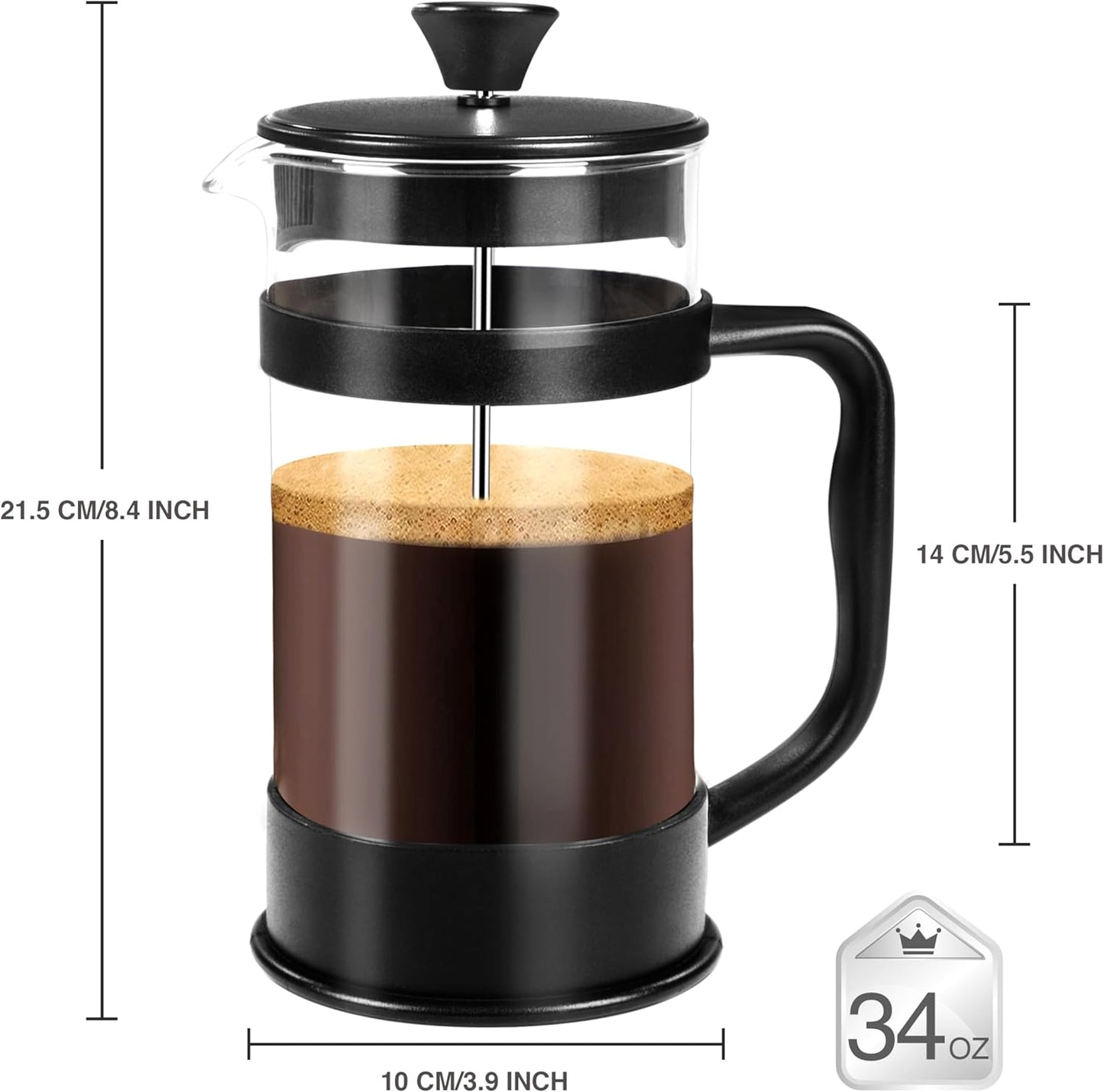 34 Ounce 1 Liter French Press Coffee Maker, Tea Maker, Travel Coffee Presses, Heat Resistant Thickened Borosilicate Coffee Pot for Camping Travel Gifts, Black Pack of 1