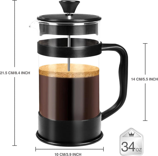 34 Ounce 1 Liter French Press Coffee Maker, Tea Maker, Travel Coffee Presses, Heat Resistant Thickened Borosilicate Coffee Pot for Camping Travel Gifts, Black Pack of 1