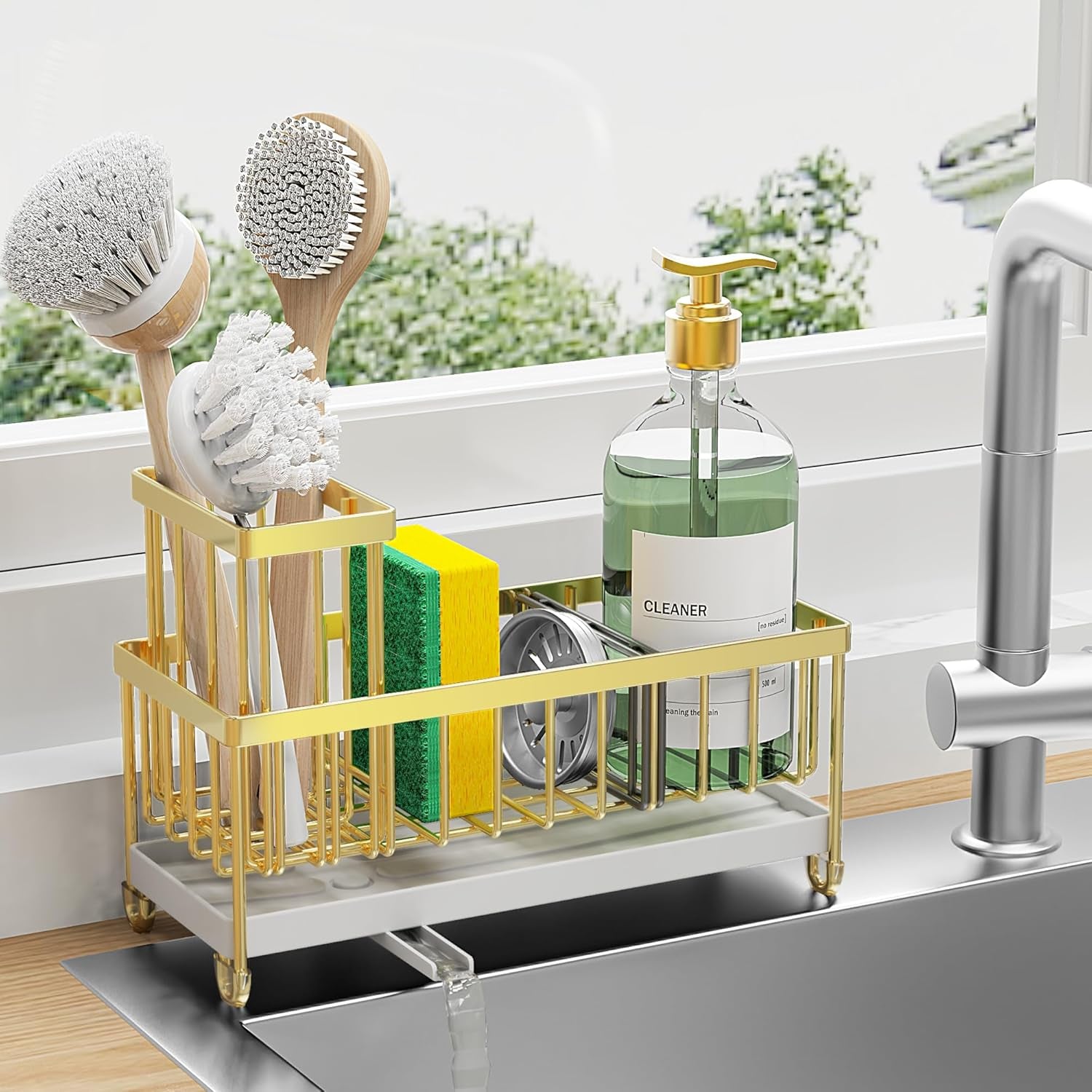 Sponge Holder for Kitchen Sink, Sink Caddy with High Brush Holder, Kitchen Sink Organizer Countertop Rustproof 304 Stainless Steel, Soap Dispenser Kitchen Organizers and Storage Essentials