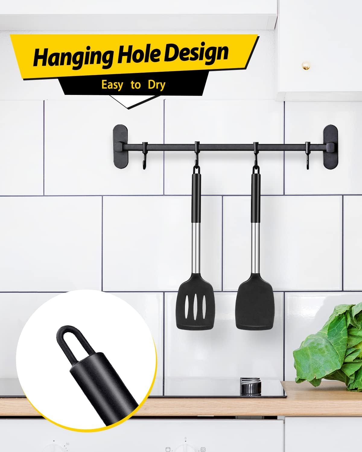 Pack of 2 Silicone Solid Turner, Non Stick Slotted Kitchen Spatulas, High Heat Resistant BPA Free Cooking Utensils, Ideal Cookware for Fish, Eggs, Pancakes(Black)