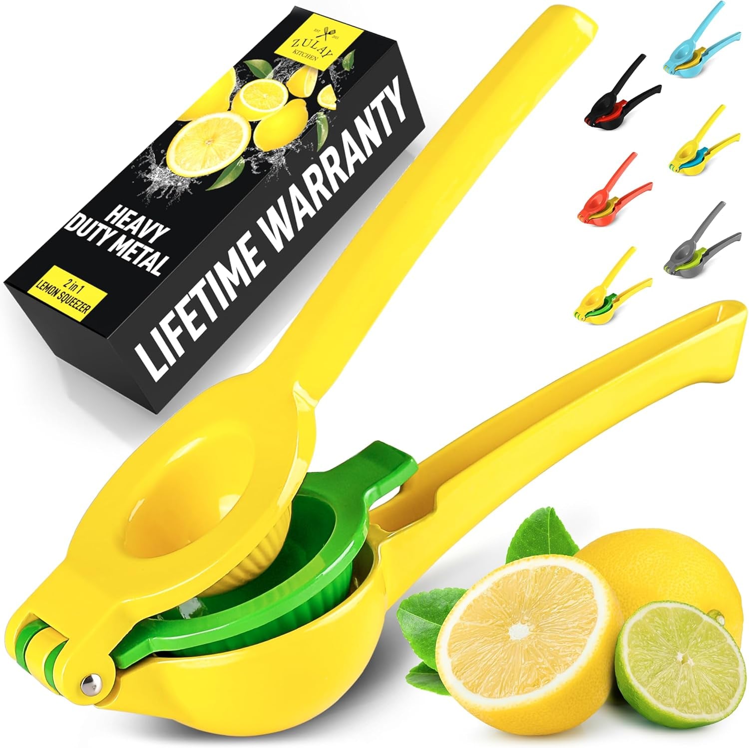 Zulay Metal 2-In-1 Lemon Squeezer Manual - Sturdy, Max Extraction Hand Juicer Lemon Squeezer Gets Every Last Drop - Easy to Clean Manual Citrus Juicer - Easy-To-Use Lemon Juicer Squeezer - Blue/Yellow