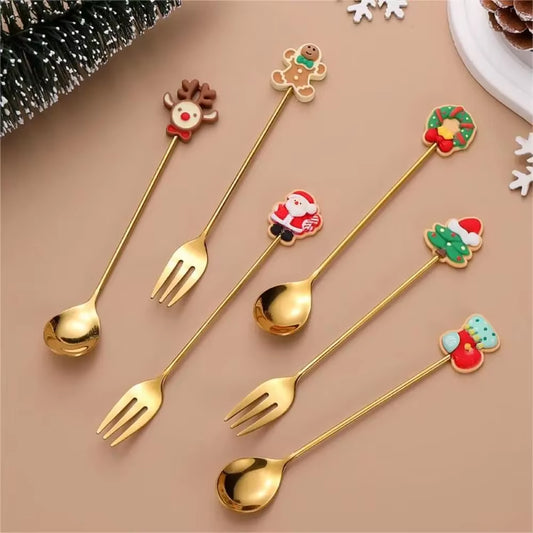 Christmas Spoons Forks Set Stainless Steel Gold Silver Coffee Spoons Cute Elk Christmas Tree Gingerbread Man Salad Dessert Fork