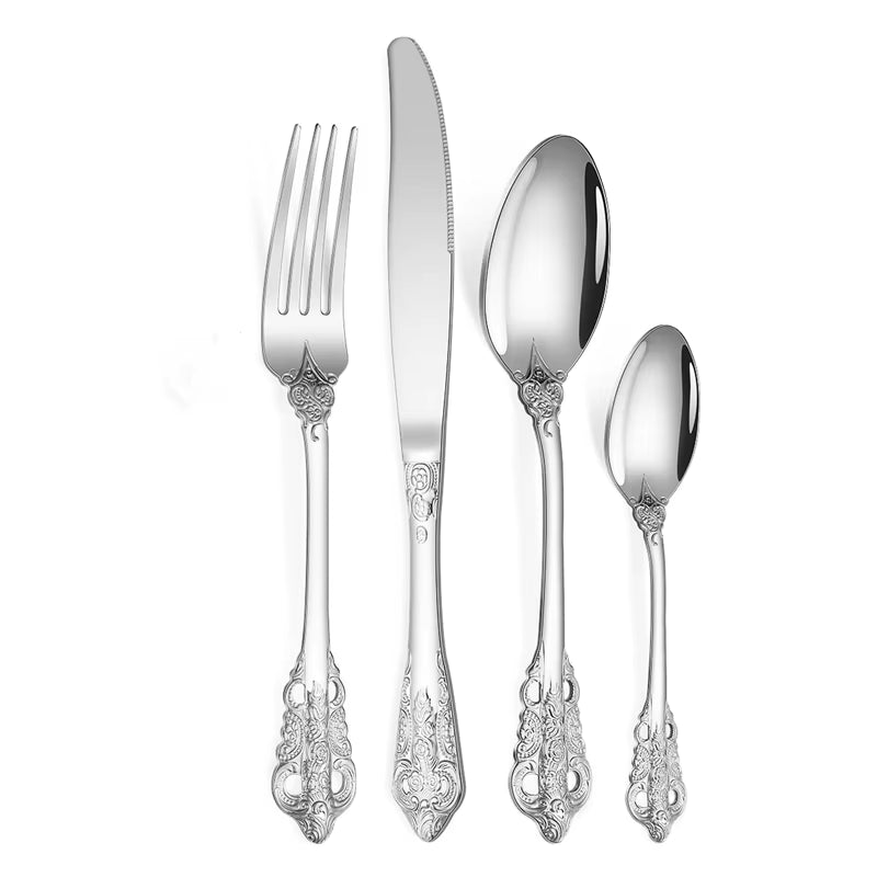 Luxery Gold Cutlery Set Vintage Dinnerware Set 18/10 Stainless Steel Silver Flatware Knife Fork and Spoon Drop Shipping