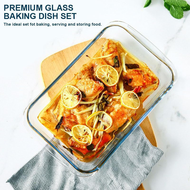 8-Piece Deep Glass Baking Dish Set with Plastic Lids,Rectangular Glass Bakeware Set with Lids, Baking Pans for Lasagna, Leftovers, Cooking, Kitchen, Freezer-To-Oven and Dishwasher, Gray