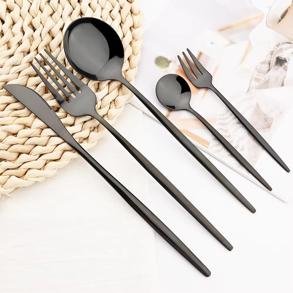 30Pcs Black Silver Cutlery Set Knife Fruit Forks Cake Fork Tea Spoon Dinnerware Stainless Steel Tableware Set Party Kitchen Tool