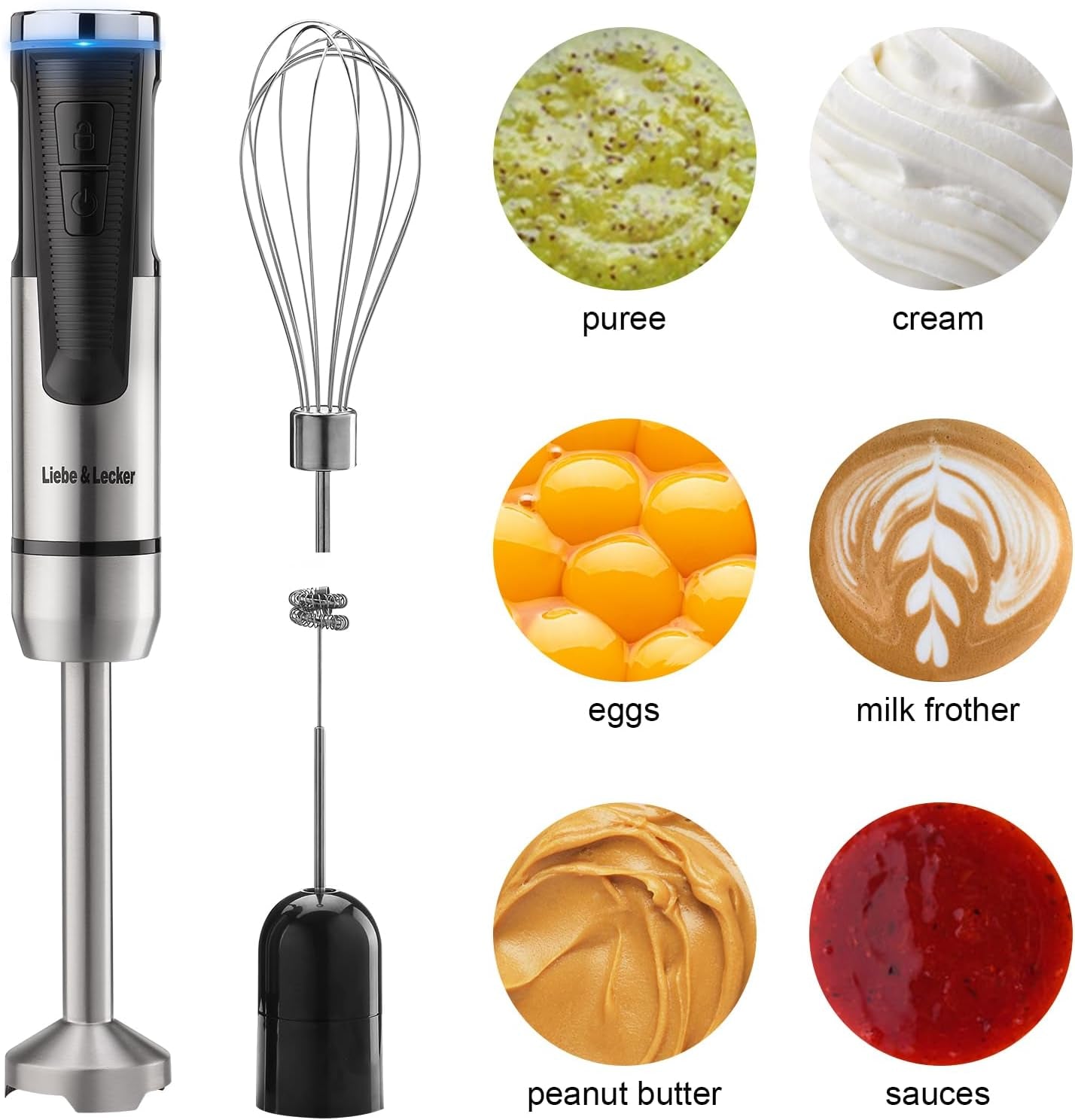 Cordless Hand Blender, Immersion Blender Handheld USB Rechargeable 8 Variable Speeds with Whisk, Milk Frother Attachments, Portable Stick Blender for Milkshakes, Smoothies & Soups.