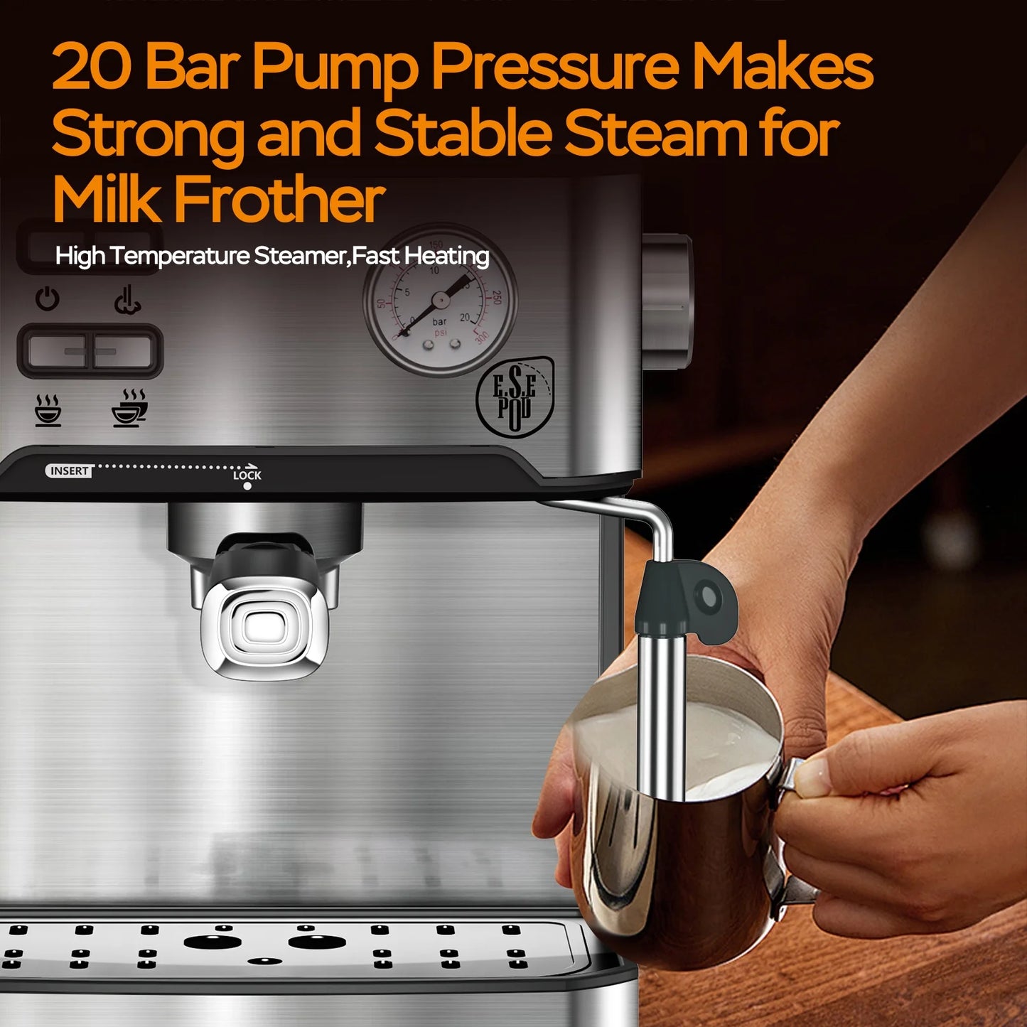 Espresso Machine 20 Bar Fast Heating Automatic Cappuccino Coffee Maker with ESE POD Filter&Milk Frother Steam Wand, 1.6L Water Tank, 850W, Stainless Steel