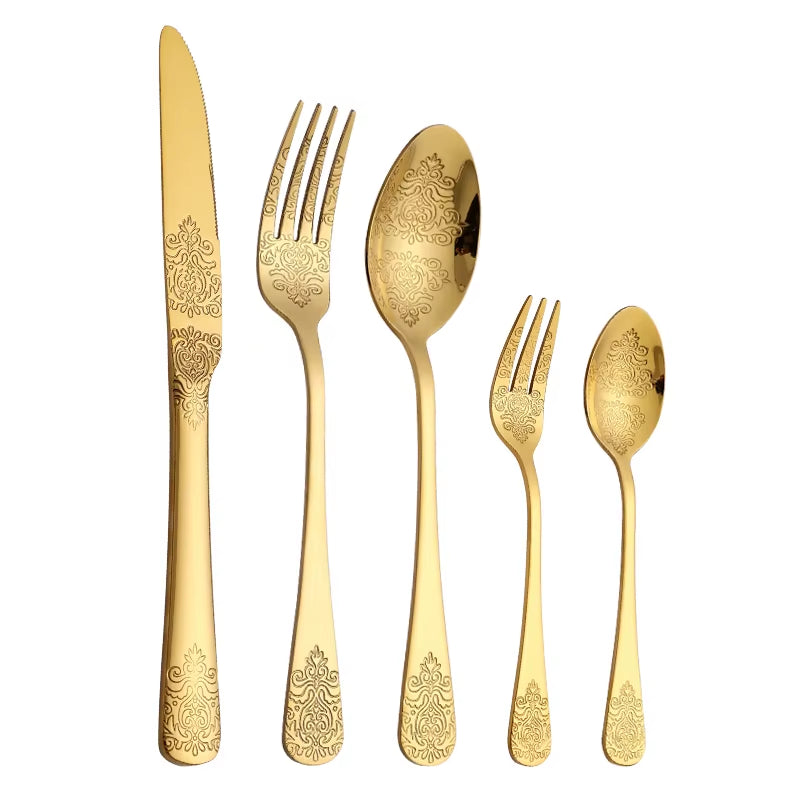 5Pcs Cutlery Set Stainless Steel Tableware Carving Golden Dinnerware Set Knife Fork Spoon Silverware Flatware Kitchen Untensils