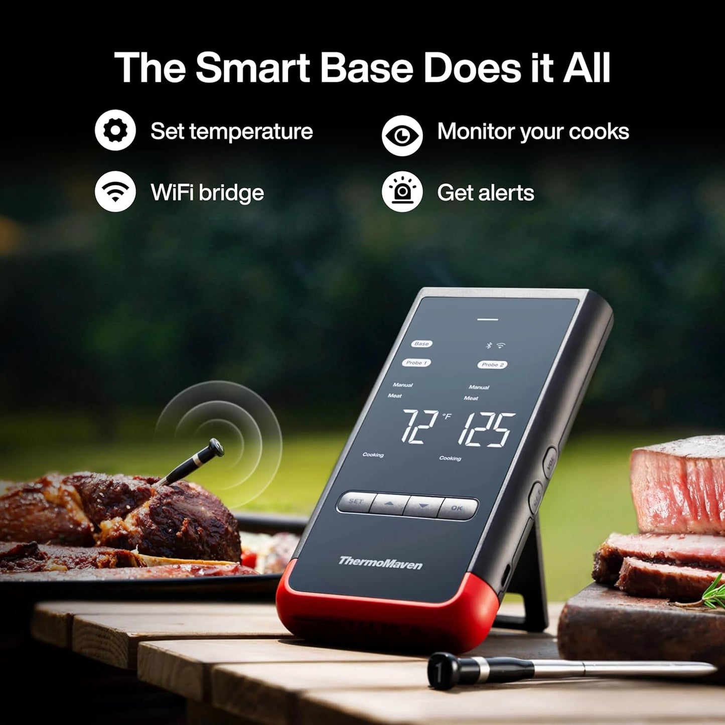 Wireless Bluetooth Smart Meat Thermometer: Standalone Base, Wifi Unlimited Range, 6 Sensors with NIST Certified Accuracy, 2 Probes, for BBQ, Grill, Oven, Smoker, Rotisserie (Red)