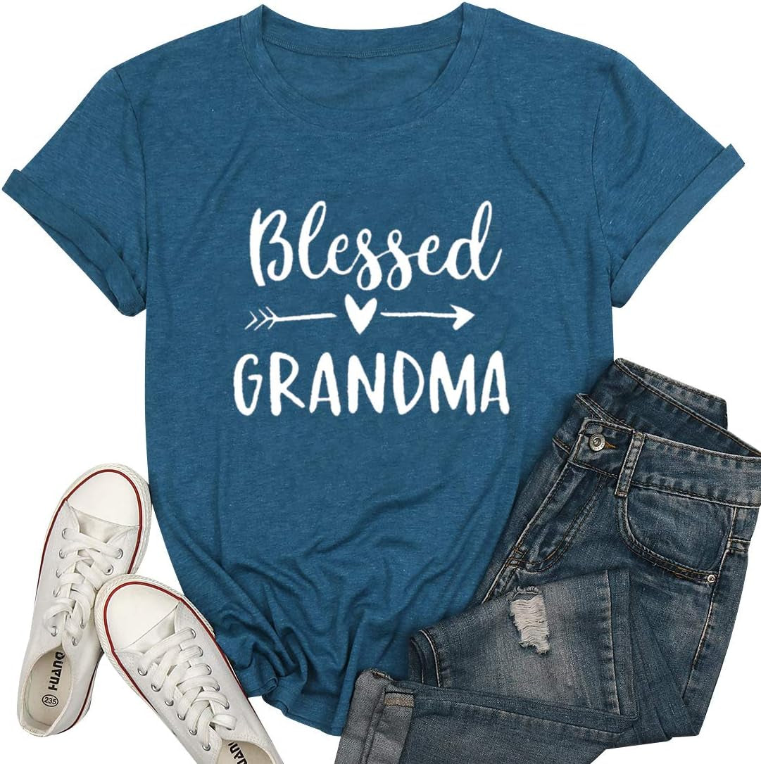 Blessed Grandma Shirt Funny Cute Graphic Tees Women Letter Print T-Shirt Casual Short Sleeve Tops