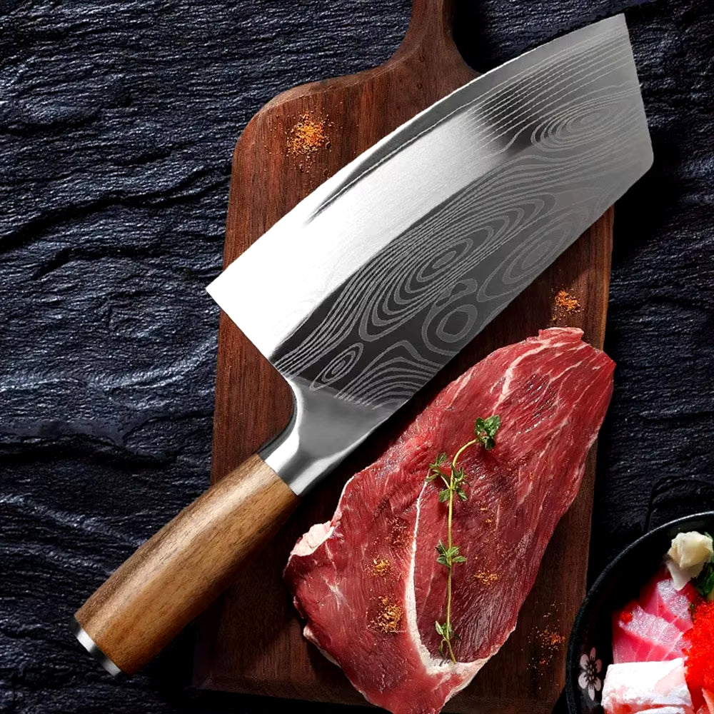 Professional Cleaver Knives Heavy Duty Chinese Knife Wooden Handle Laser Damascus Knife Cleaver Meat Chicken Fish Kitchen Knife