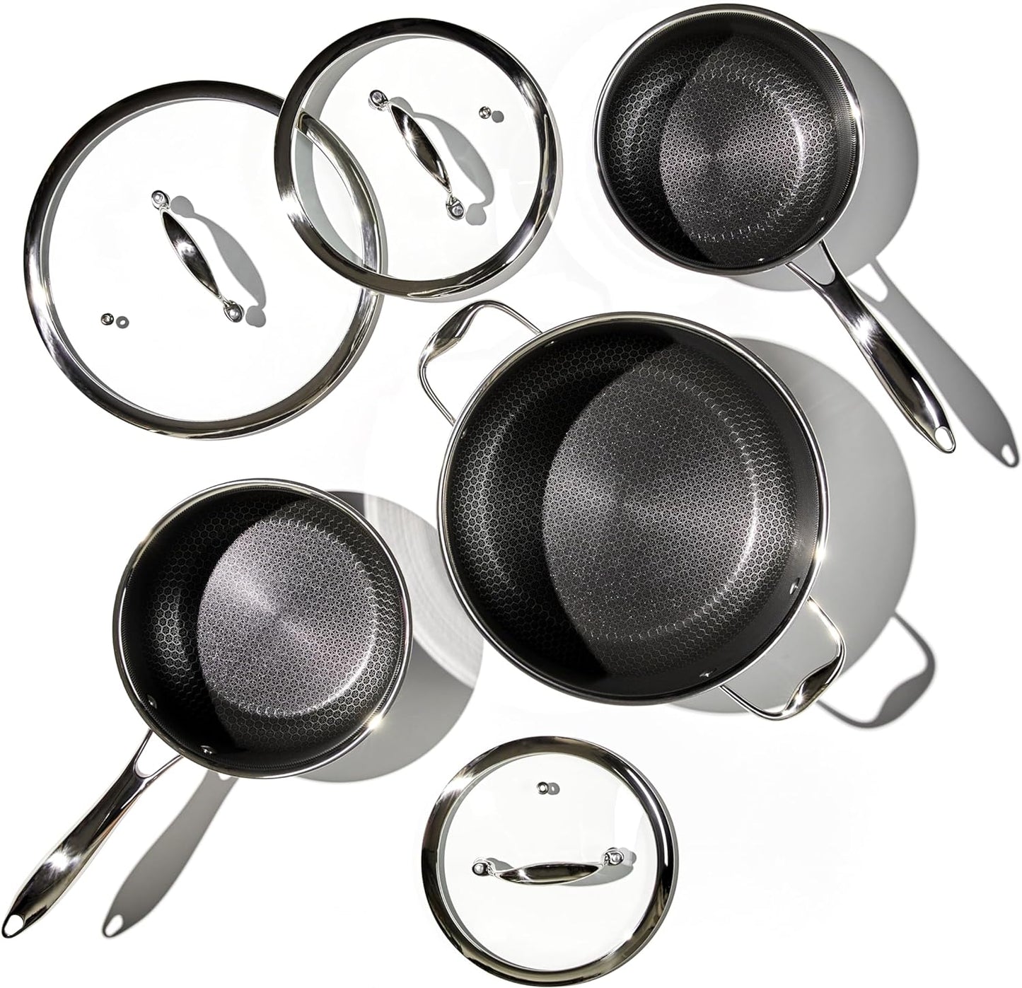 Hybrid Nonstick 6-Piece Pot Set with Trivets, 2, 3, and 8-Quart Pots with Tempered Glass Lids, 2 Silicone Trivets Included, Dishwasher Safe, Compatible with All Cooktops