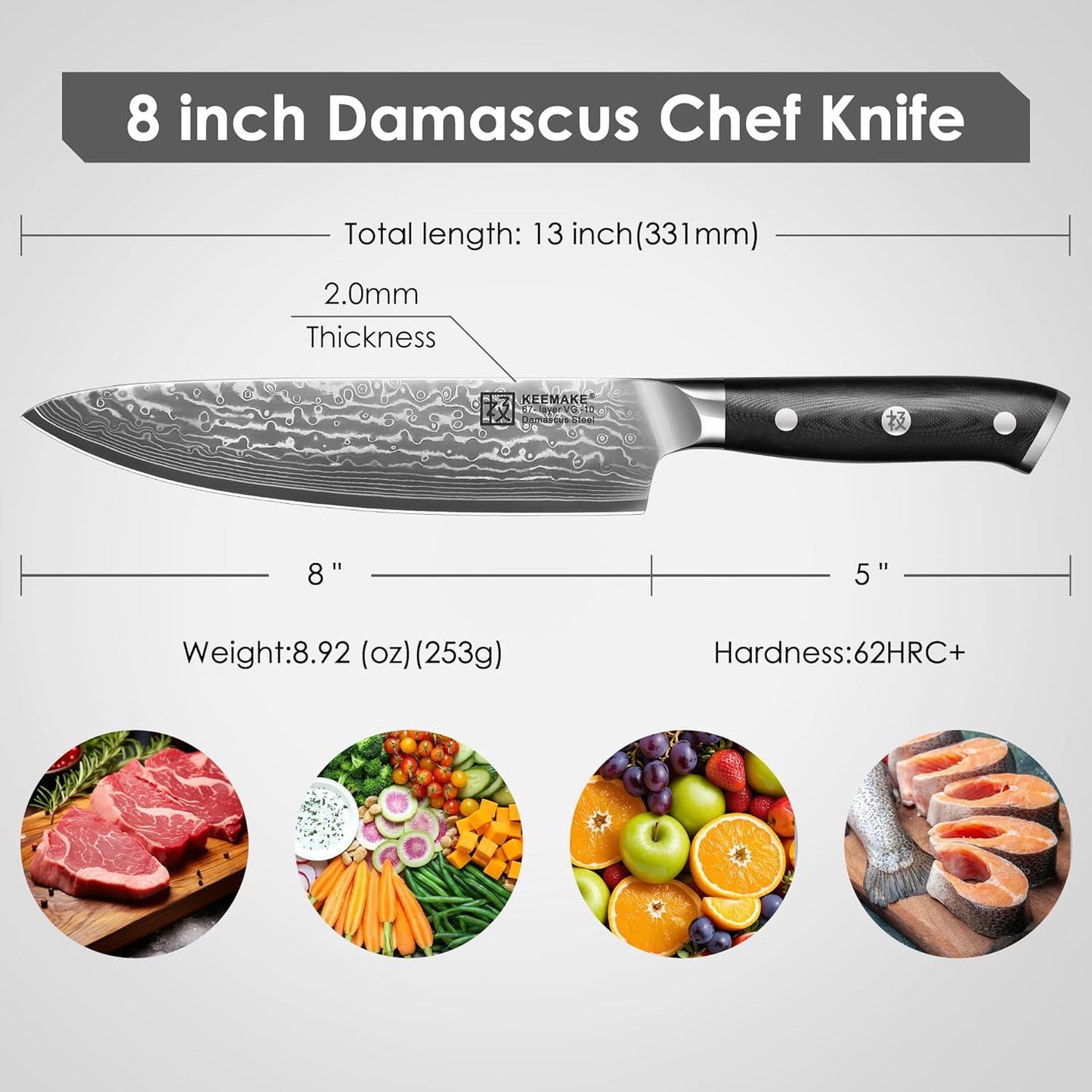 Chef Knife, 8 Inch Damascus Kitchen Knife, 67 Layers Damascus Steel Knife Japanese VG10 Core, Razor Sharp Chefs Knife with Ergonomic G10 Handle, Cooking Knife for Meat Vegetable