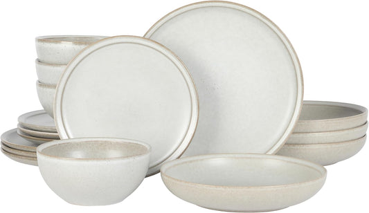 Beckett Stoneware Matte Reactive Glaze 16 Piece (Service for 4) Plates and Bowls Dinnerware Set - Linen White