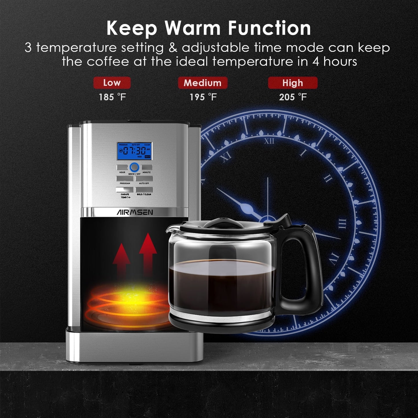 Stainless Steel 12 Cup Drip Coffee Maker, Programmable Coffee Machine Self-Cleaning