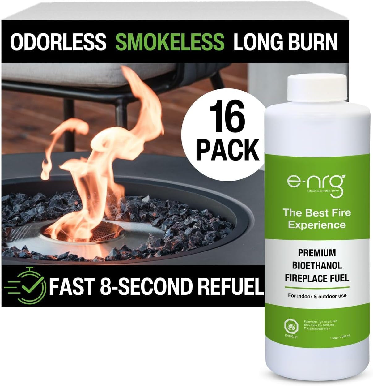 16 QUARTS Odorless, Smoke-Free Ethanol Fireplace Fuel | Best Flame, Fast Pour, Long Burn, Safety-Tested, Made in USA | Bio Ethanol Fuel for Fire Table Top Fire Pit Ethanol Fireplace |  Bioethanol