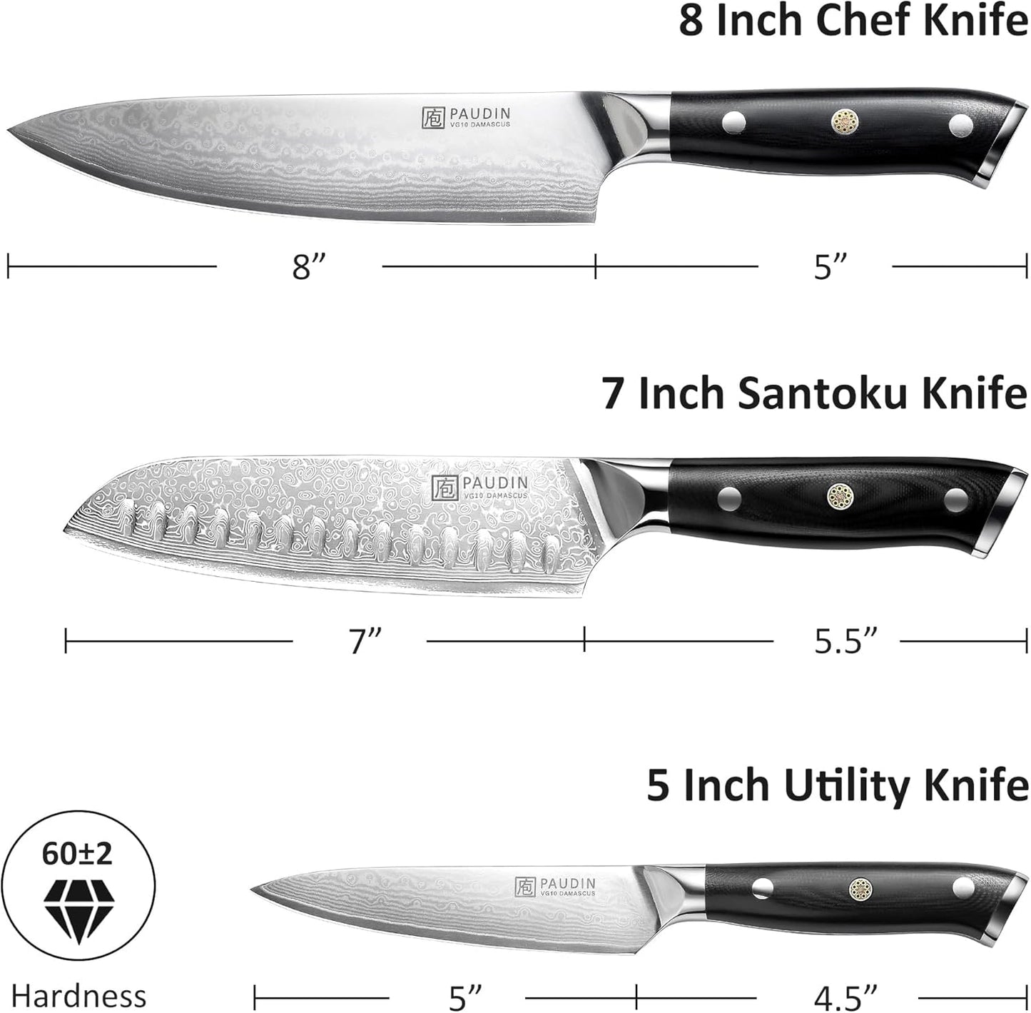 Damascus Knife Set 3 PCS, Kitchen Knife Set with Japanese VG10 Steel Core, Ultra Sharp Chef Knife Set with Full Tang G10 Handle, Damascus Kitchen Knives