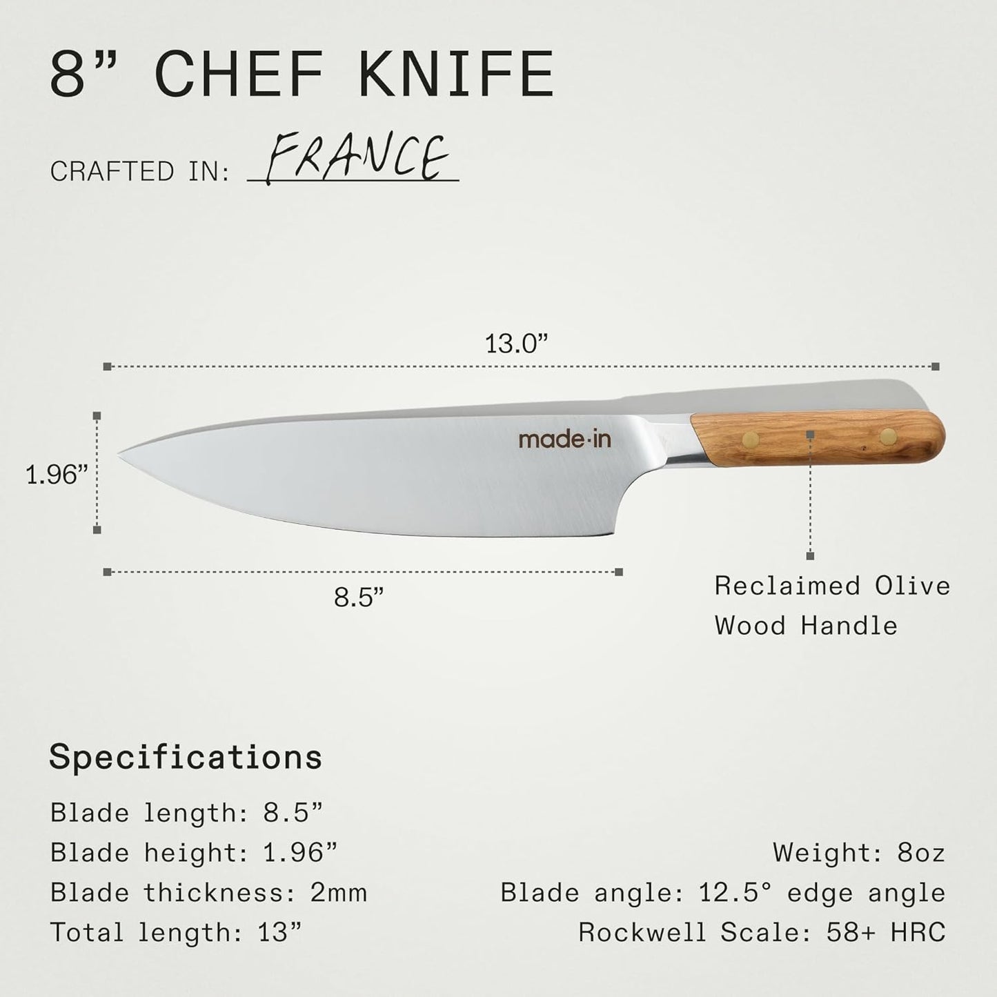 Cookware - 8" Chef Knife - Crafted in France - Full Tang with Olive Wood Handle