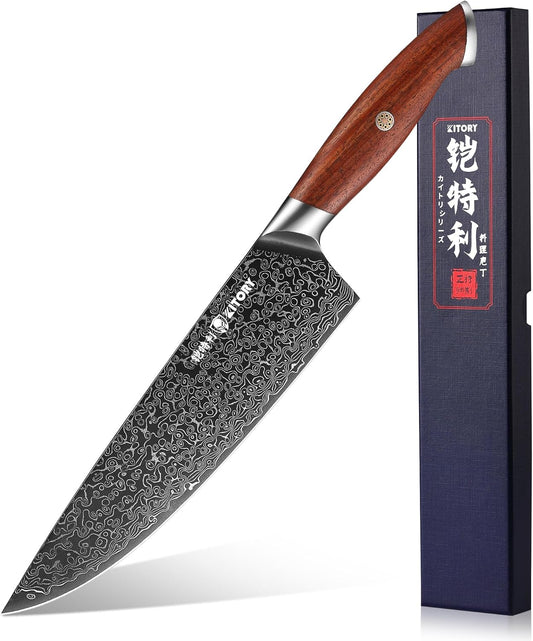 Damascus Chef Knife, 8 Inch Japanese High Carbon 67-Layers VG10 Stainless Steel Kitchen Knife, Ultra Sharp Kitchen Knives with Full Tang Ergonomic Red Sandalwood Handle for Kitchen and Restaurant