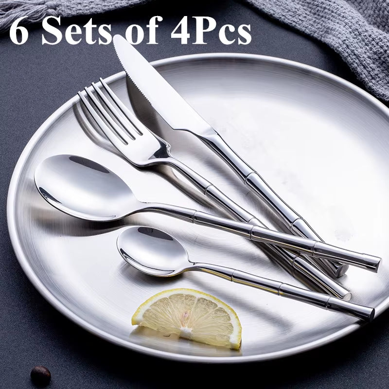 18/10 Cutlery Set Stainless Steel Steak Knife Fork Bamboo Design Golden Dinnerware Set Silver Flatware Set for 6