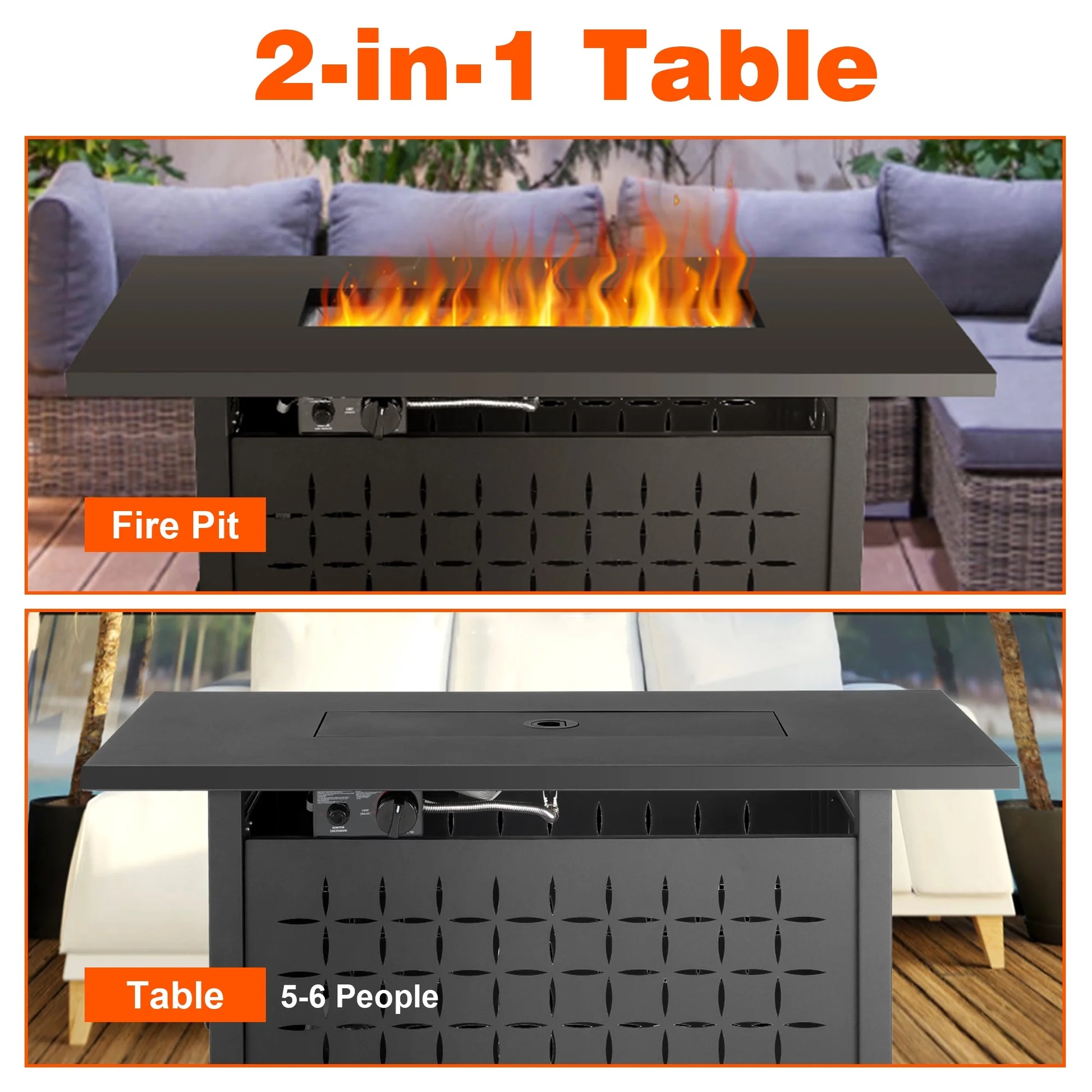 43" Propane Fire Pit with Wind Guard, 60,000 BTU 2 in 1 Auto-Ignition Rectangular Natural Gas Fire Pits Table W/ Glass Beads and Steel Lid for Outside, Porch, Patio