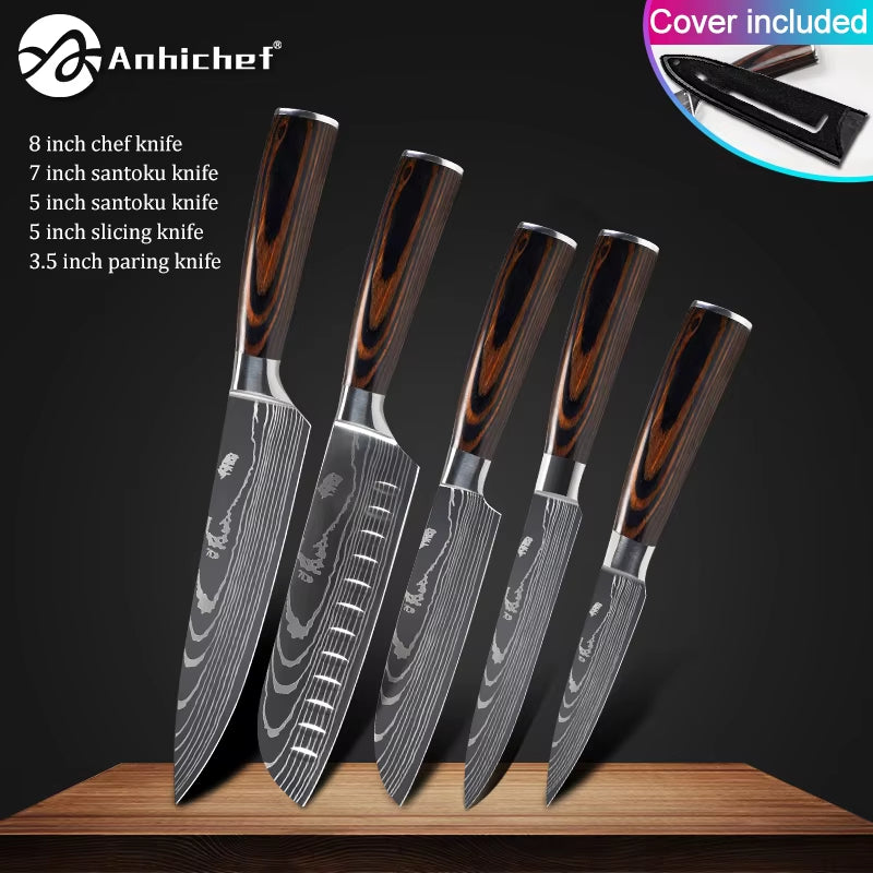 Professional Kitchen Knives Stainless Steel 7CR17 440C Laser Damascus Japanese Santoku Cleaver Slicing Utility Chef Knife Set