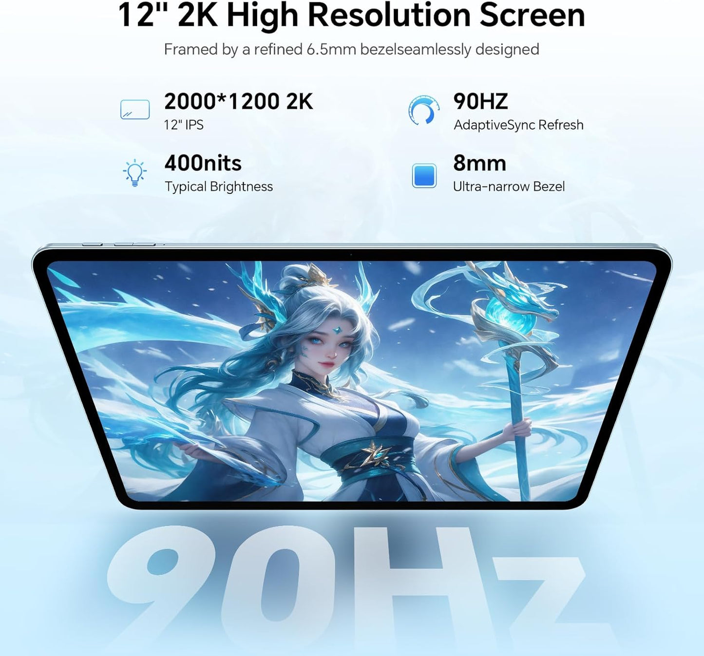 Tablet 12 Inch Android 14 Tablets, T60Plus with 128GB Storage(Expand to 1TB), 2000 * 1200 2K IPS Screen, 90Hz Refresh Rate, G88 8-Core CPU 2.0Ghz, 8000Mah, 5G Wifi+4G LTE, Gps,Gaming Tablet