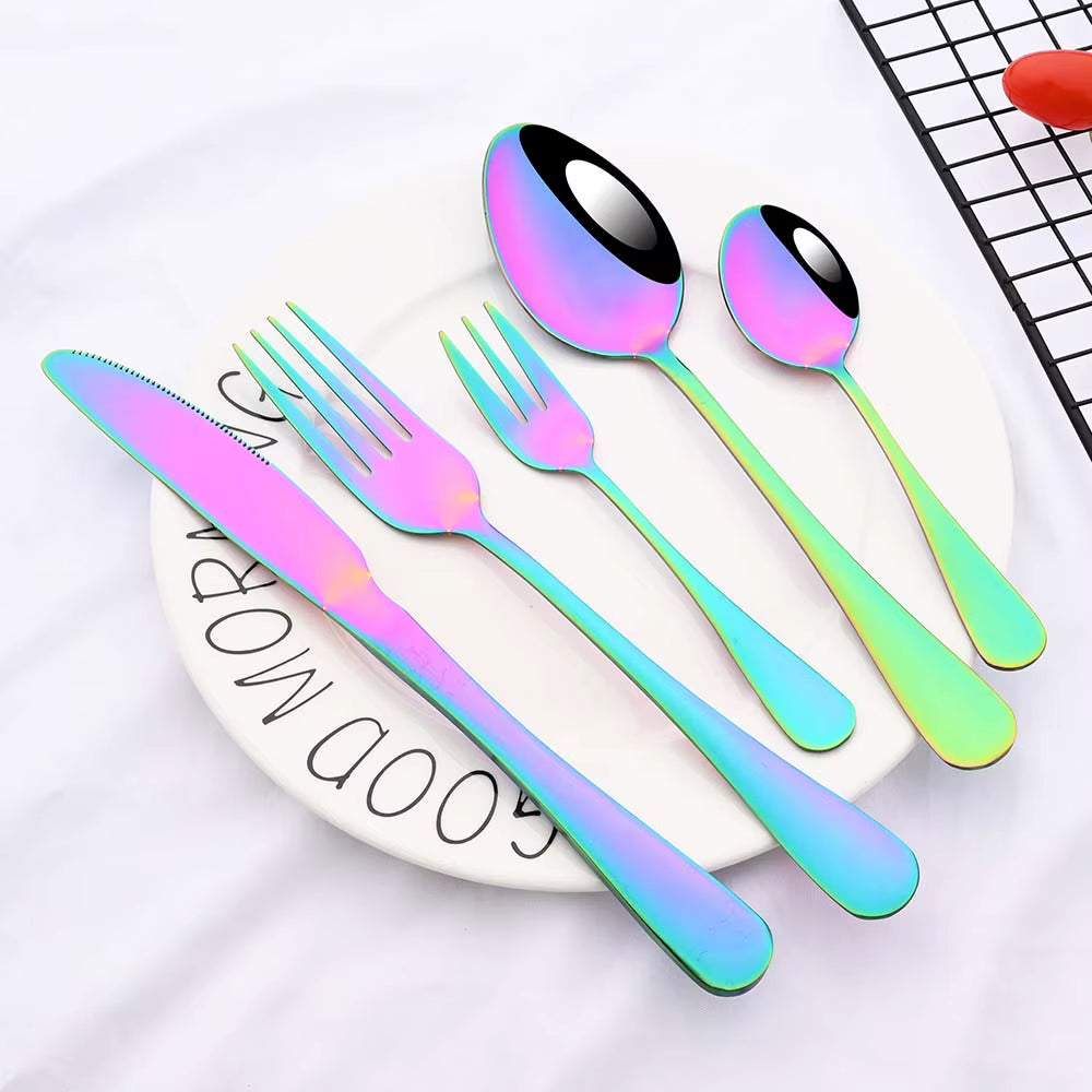 6/30Pcs Rainbow Dinnerware Stainless Steel Cutlery Set Knife Cake Fork Spoon Dinner Flatware Set Kitchen Silverware Tableware