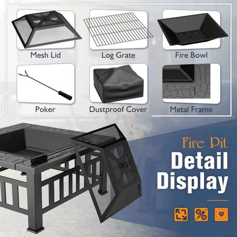 32'' Outdoor Square Fire Pit with Lid