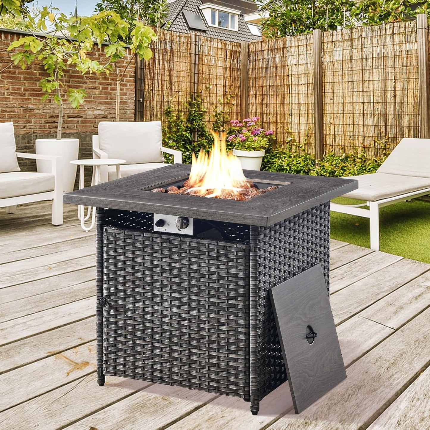 Fire Pit Propane Firepit Table - 30 Inch 50,000 BTU Outdoor Wicker Fire Pits with Removable Lid and Lava Rocks Patio Firepit Tables for Porch Deck Balcony outside Garden(Mixed Grey Wicker)