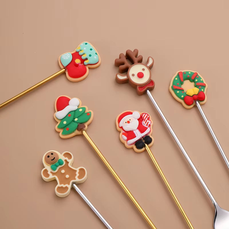 Christmas Spoons Forks Set Stainless Steel Gold Silver Coffee Spoons Cute Elk Christmas Tree Gingerbread Man Salad Dessert Fork