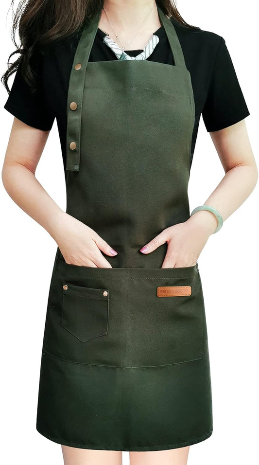 Apron for Men Women with Adjustable Straps and Large Pockets, Canvas Cotton Cooking Kitchen Chef Bib Aprons Waterproof Green