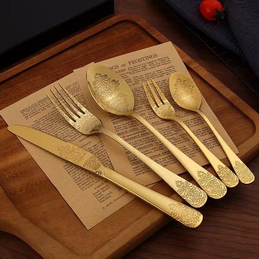 5Pcs Cutlery Set Stainless Steel Tableware Carving Golden Dinnerware Set Knife Fork Spoon Silverware Flatware Kitchen Untensils