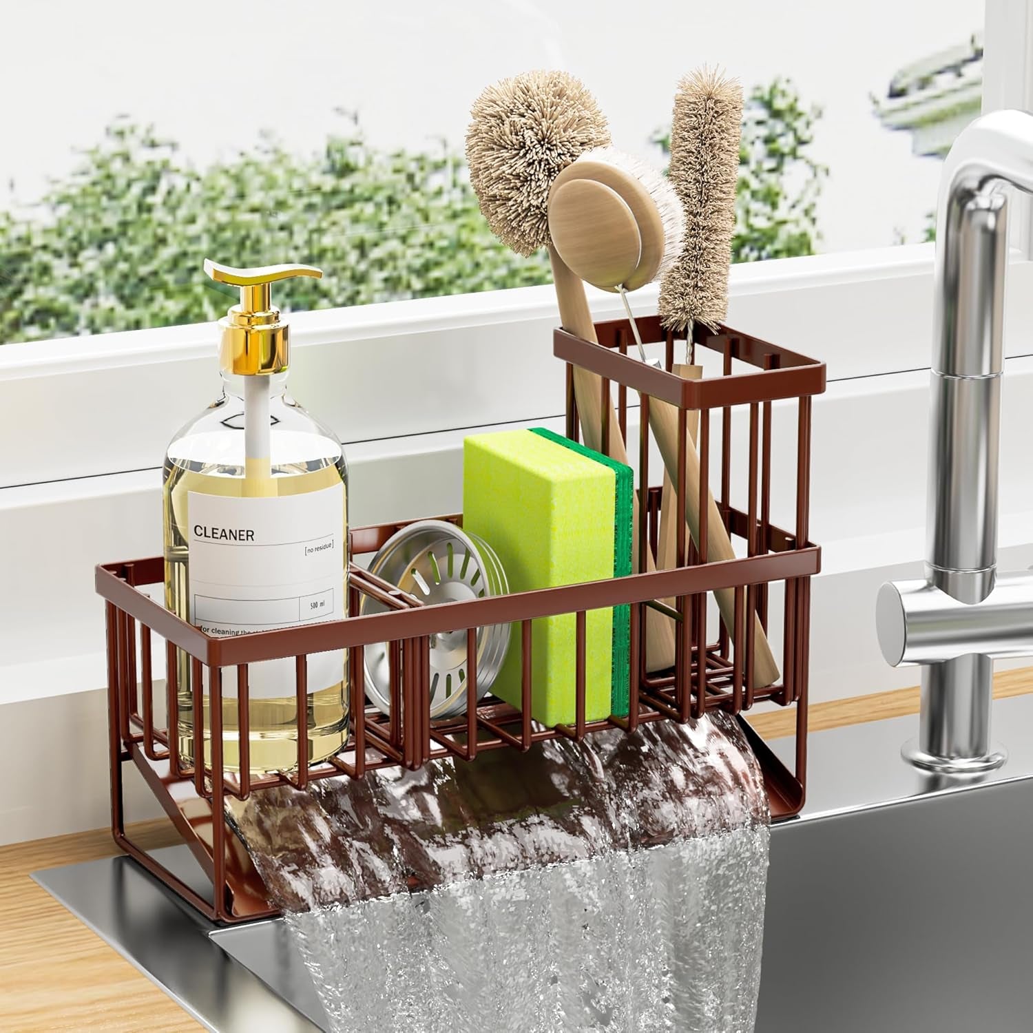 Kitchen Sink Caddy, Sponge Holder for Kitchen Sink, Kitchen Sink Organzier and Storage with High Brush Holder, Rustproof 304 Stainless Kitchen Gadgets Sink Accessories, Organizadores De Cocina