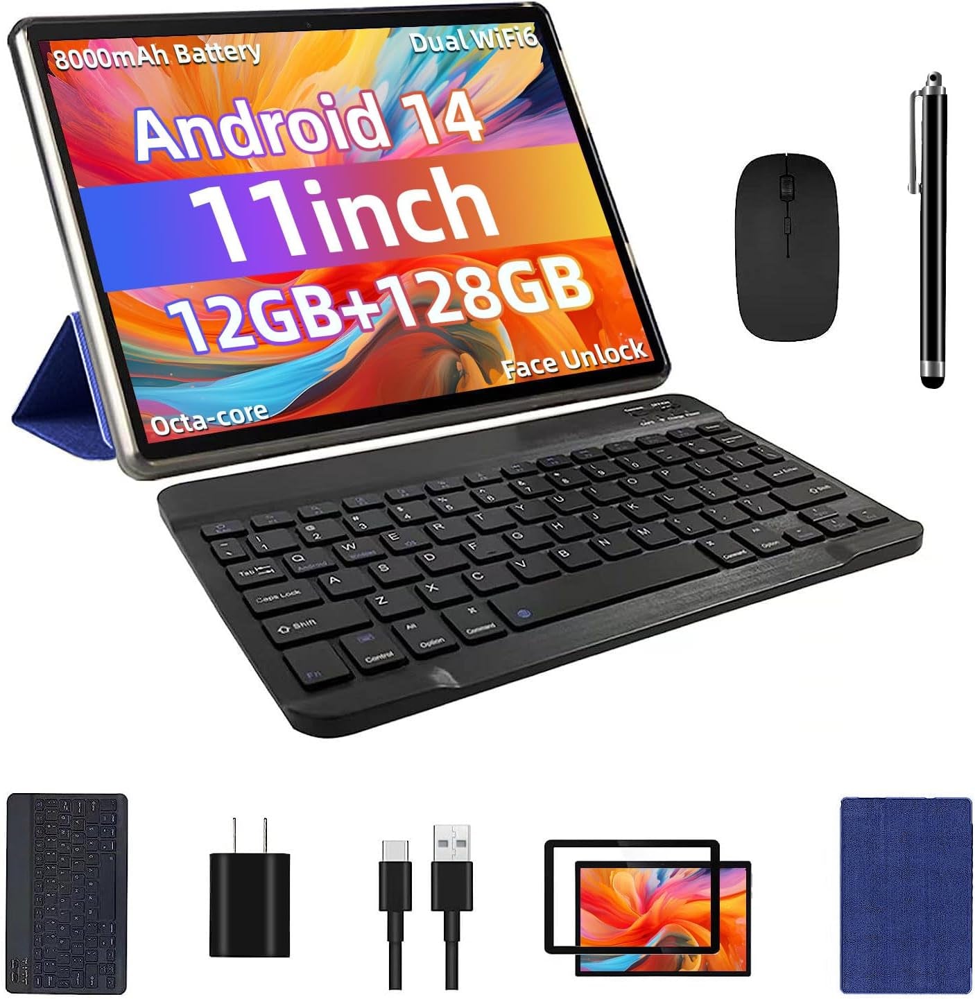 Android 14 Tablet, 12GB+128GB +512GB Expand, Face Unlock, 8000Mah Big Battery+18W Fast Charging, Dual Stereo Speakers, Octa-Core CPU, Wifi6, Bt5.0,Touchscreen Display, 11Inch 2In1 Tablet PC Tableta