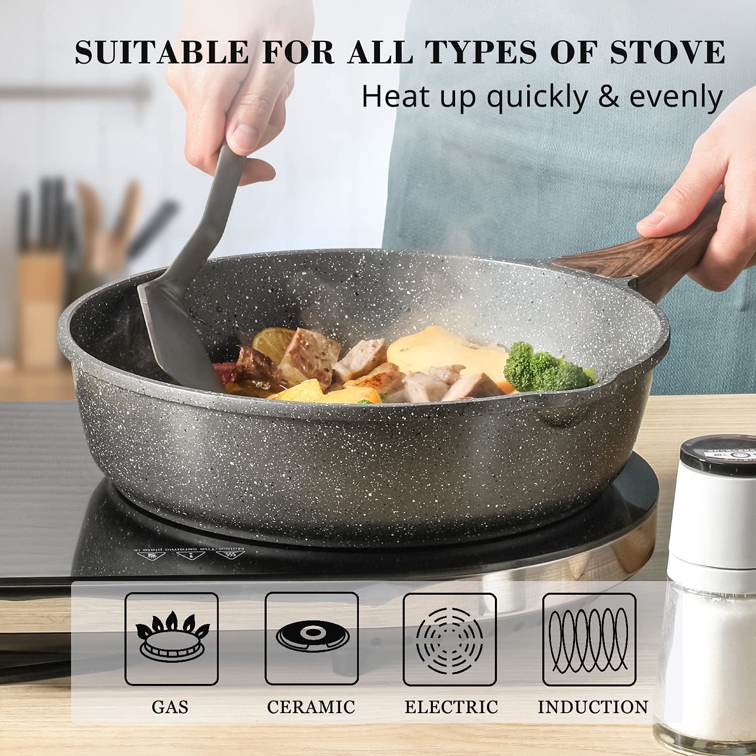 Nonstick Deep Frying Pan Skillet, 10/11/12-Inch Saute Pan with Lid, Stay-Cool Handle, Chef Pan Healthy Stone Cookware Cooking Pan, Induction Compatible, PFOA Free (10-Inch)