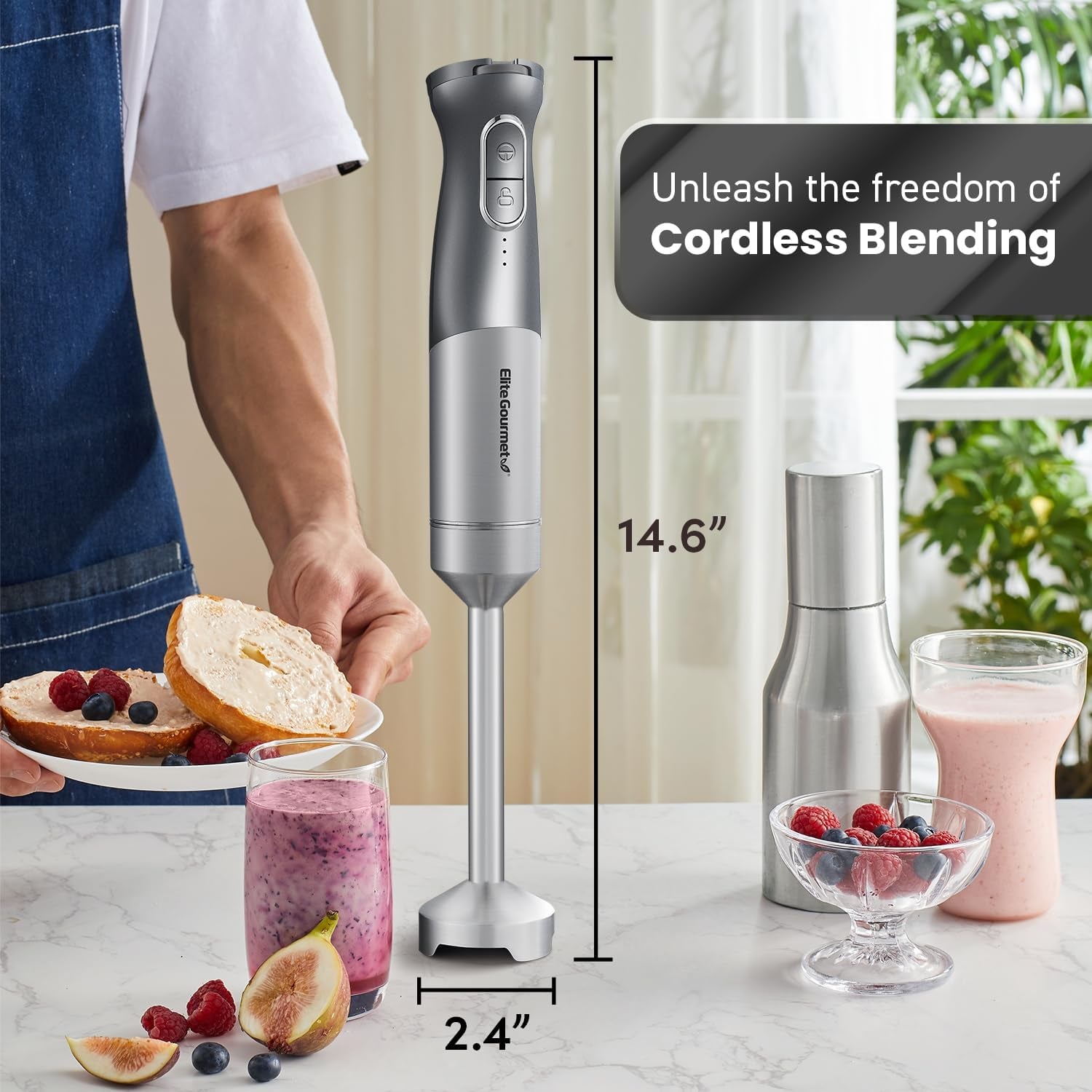 EHB1300 Cordless Rechargeable Hand Blender, Variable Speed Blending, One-Touch Power, Stainless Steel Blade, Portable Easy Control Stick Mixer, Sauce, Soup, Smoothie, Baby Food,Dark Grey