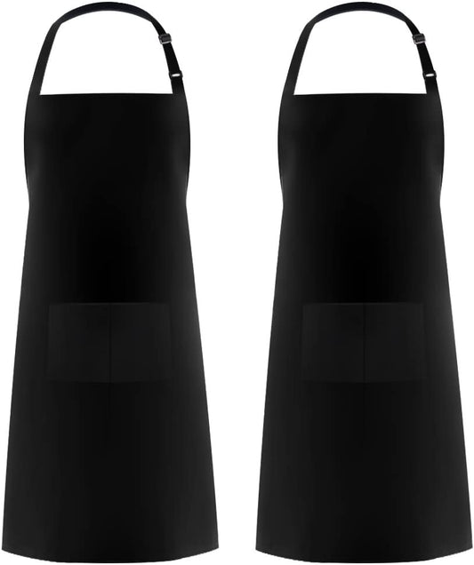 2 Pack Adjustable Bib Apron Waterdrop Resistant with 2 Pockets Cooking Kitchen Aprons for Women Men Chef, Black