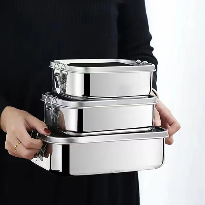 304 Stainless Steel Square Lunch Box Sealed Insulation Bento Box Student Lunch Box Canteen Large Capacity Compartment Lunch Box