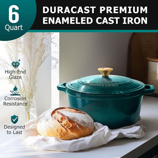 Mueller Duracast 6 Quart Enameled Cast Iron Dutch Oven Pot with Lid, Heavy-Duty, Oven Safe up to 500° F & across All Cooktops, Wedding Registry Ideas & Gifts, Emerald