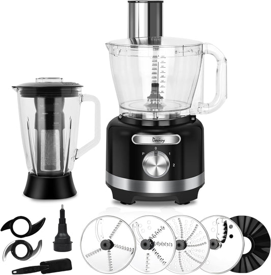 16 Cup Food Processor Blender Combo,10-In-1 Multifunction 3.8L Meat Processor Bowl 6 CUP(50 Oz) Glass Blender & Filter,600W with 2 Speeds plus Pulse Vegetables Chopper for Home Use,Black