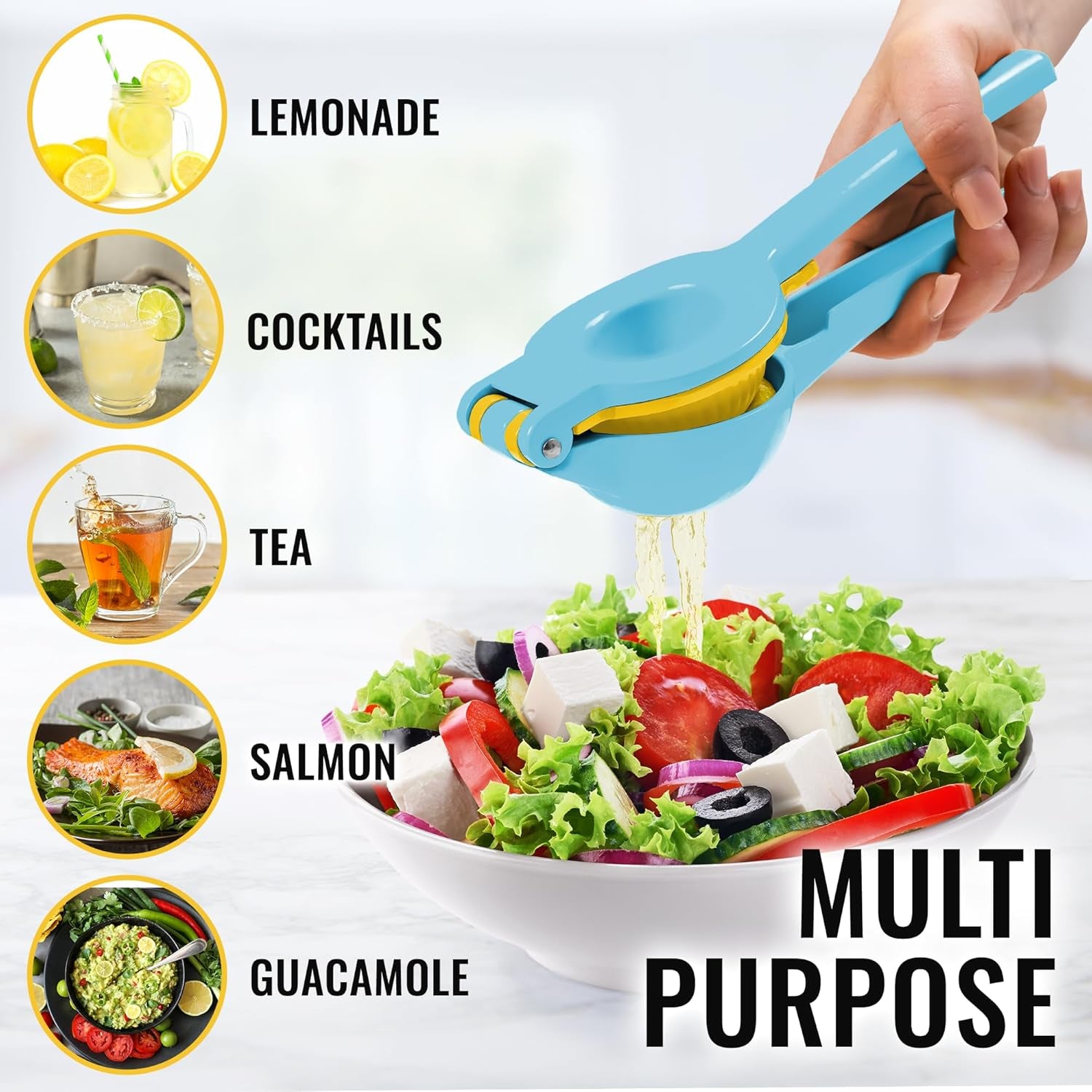 Zulay Metal 2-In-1 Lemon Squeezer Manual - Sturdy, Max Extraction Hand Juicer Lemon Squeezer Gets Every Last Drop - Easy to Clean Manual Citrus Juicer - Easy-To-Use Lemon Juicer Squeezer - Blue/Yellow