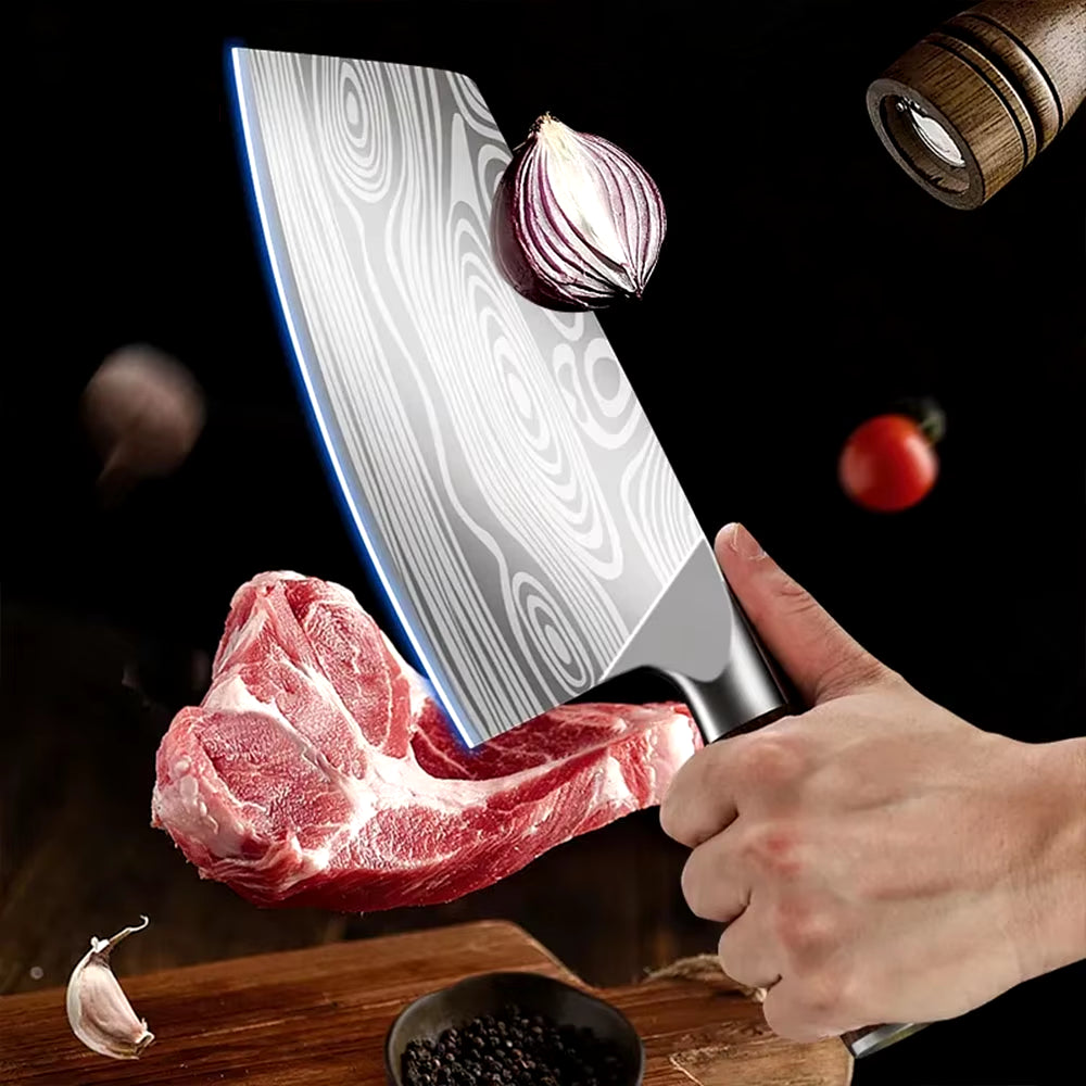 Professional Cleaver Knives Heavy Duty Chinese Knife Wooden Handle Laser Damascus Knife Cleaver Meat Chicken Fish Kitchen Knife