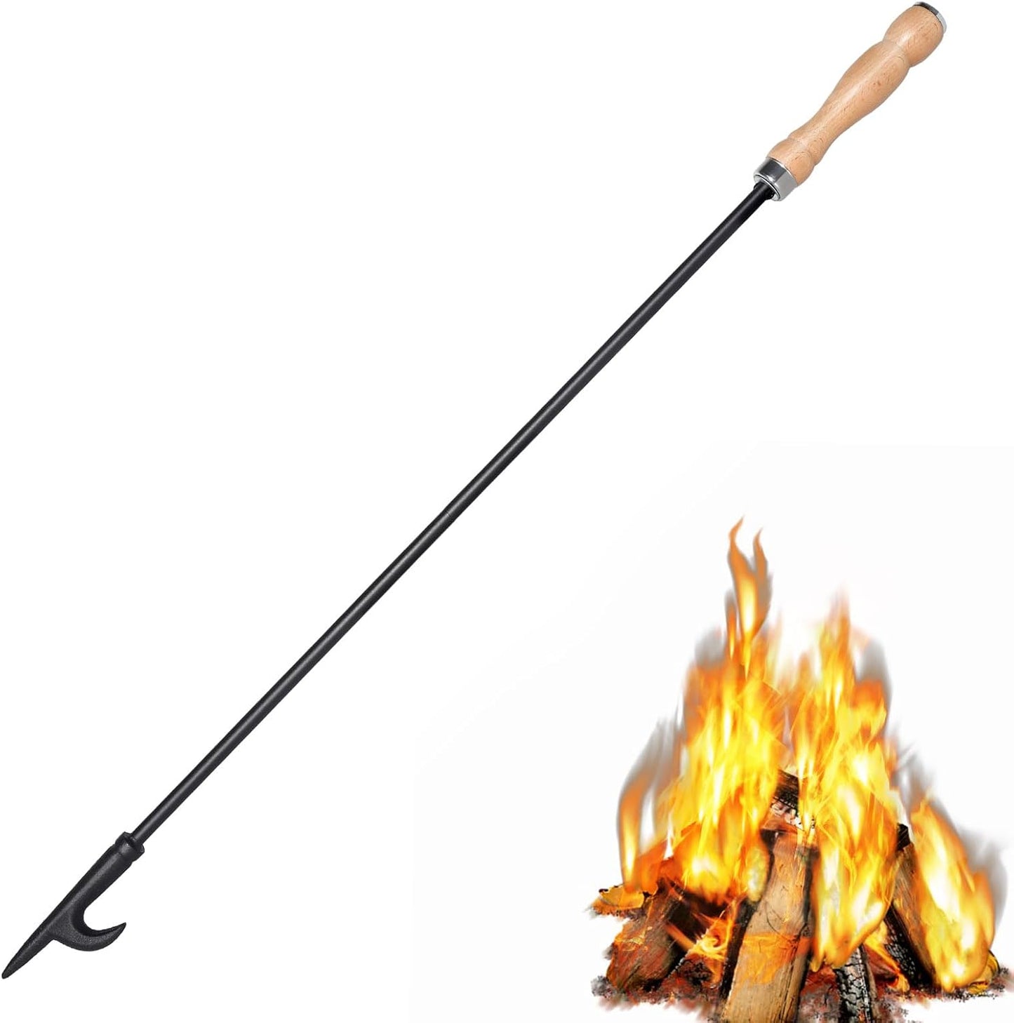 Fire Poker for Fire Pit, 32" Long Heavy Duty Campfire Poker Stick with Wooden Handle for Camping, Fireplace, Bonfires, Rust Resistant Portable Fire Pit Tools Accessories for Outdoor & Indoor