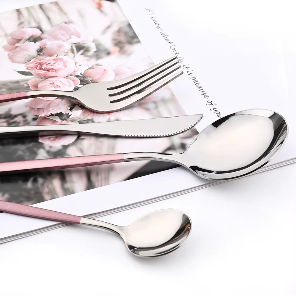 Pink Silver Stainless Steel Dinnerware Set Fork Knife Soup Ice Spoon Cutlery Set Western Flatware Kitchen Silverware Set