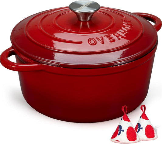 Enameled Cast Iron Dutch Oven - 5.5QT Pot with Lid Cookbook & Cotton Potholders - Heavy-Duty Cookware for Braising, Stews, Roasting, Bread Baking Red