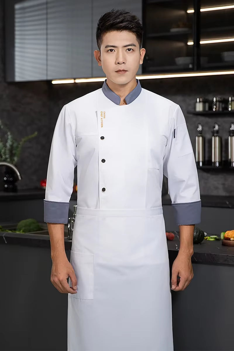 Men Chef Jacket with Apron Long Sleeve Chef Uniform Restaurant Cook Coat Chef T-Shirt Work Uniform Hotel Clothes Logo Women