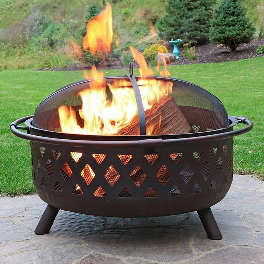 36-Inch Bronze Crossweave Wood-Burning Fire Pit - Includes Spark Screen, Fireplace Poker, and round Cover